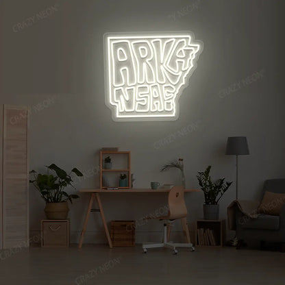 ARKANSAS Map Neon Sign lighting up in warmwhite color in a room