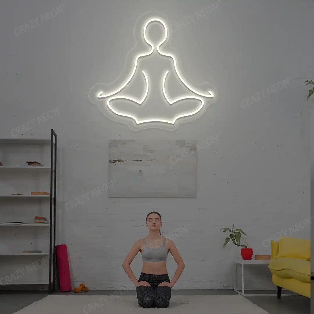 Sukhasana Yoga Neon Sign lighting up in warmwhite color in a yoga room