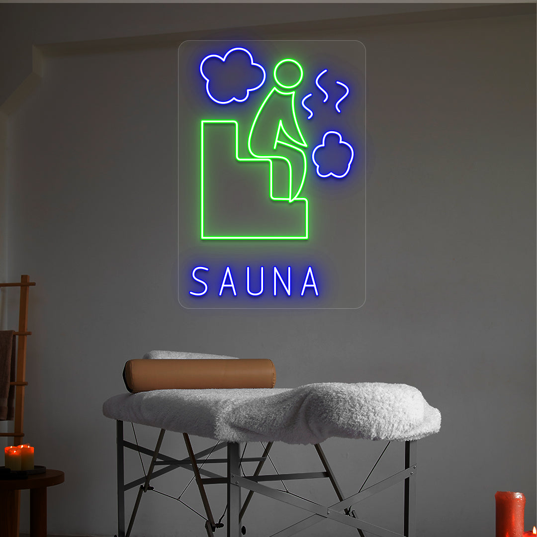 Sauna Relax neon sign in green and blue colors glowing in a spa room