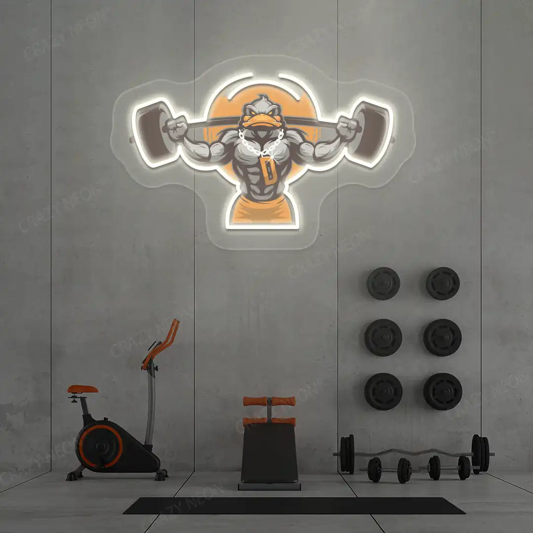 warm white muscular duck powerlifting gym neon artwork mounted on a wall
