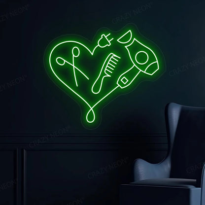 Hair Dryer Combs Clippers Heart Neon Sign | Green