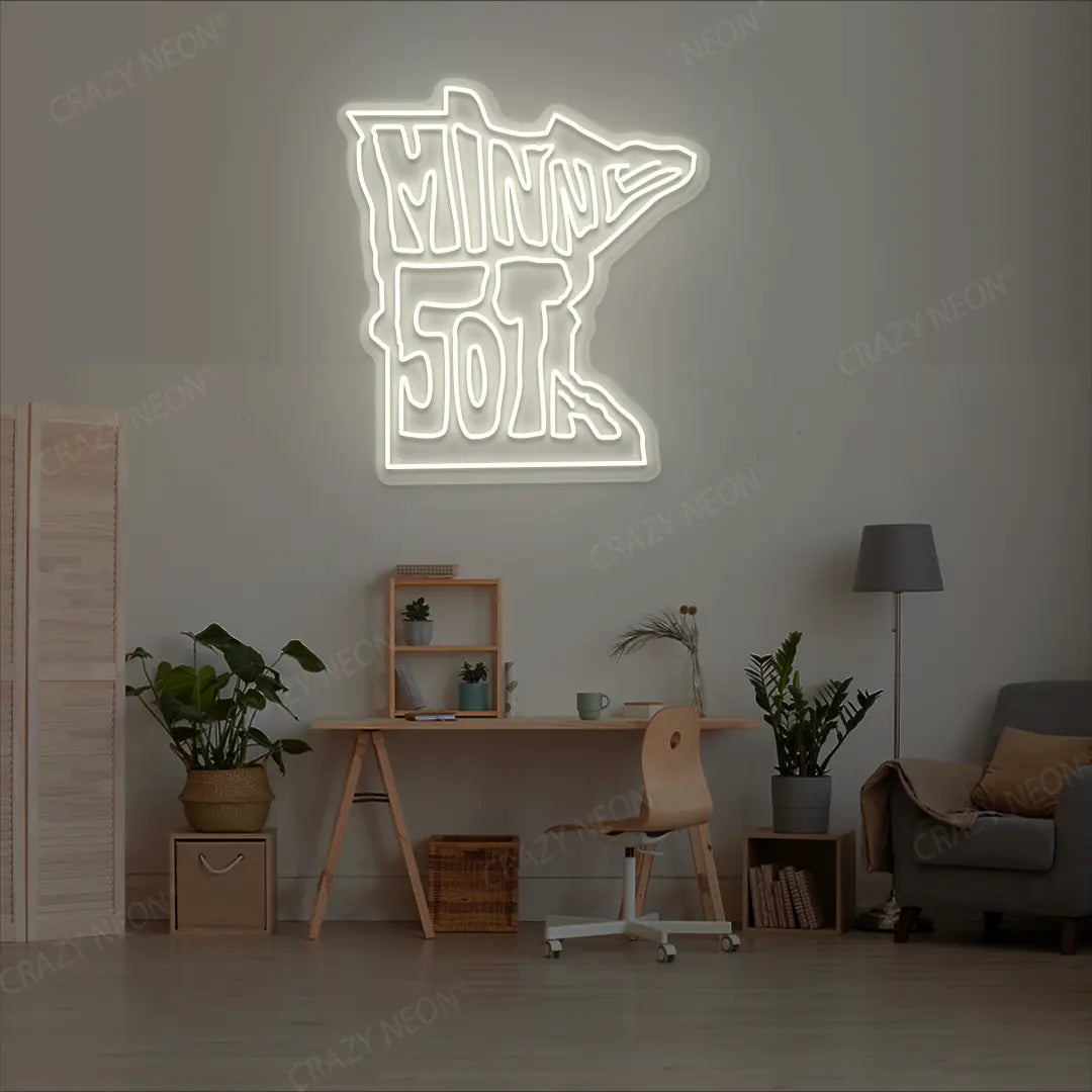 MINNESOTA Map Neon Sign lighting up in warmwhite color in a room