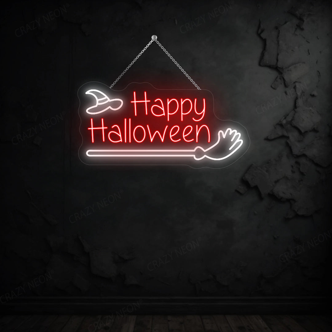 Happy Halloween with Broom Stick LED Neon Sign | Red 