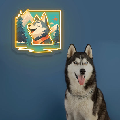 Alpine Lake Husky Portrait Neon Artwork in yellow color