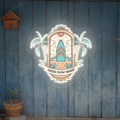 warm white good day surf beach neon artwork mounted on a wall