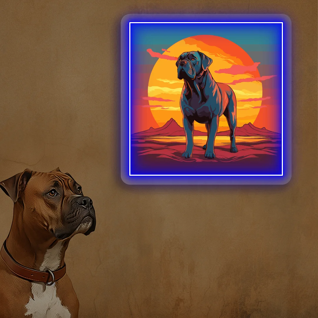 Sunset Canyon Mastiff Dog Neon Artwork in Blue Color