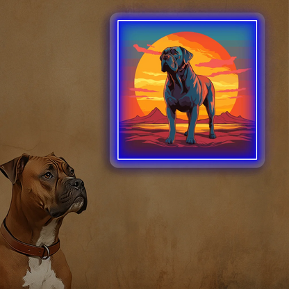 Sunset Canyon Mastiff Dog Neon Artwork in Blue Color