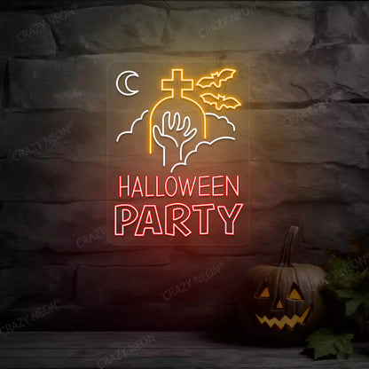 Halloween Party In Graveyard Neon Sign | Orange
