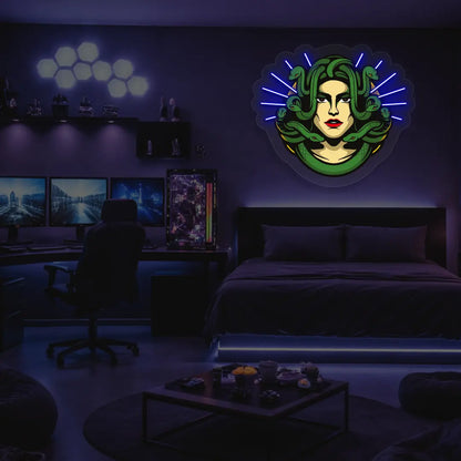 Medusa Head Snake Neon Artwork in Blue Color