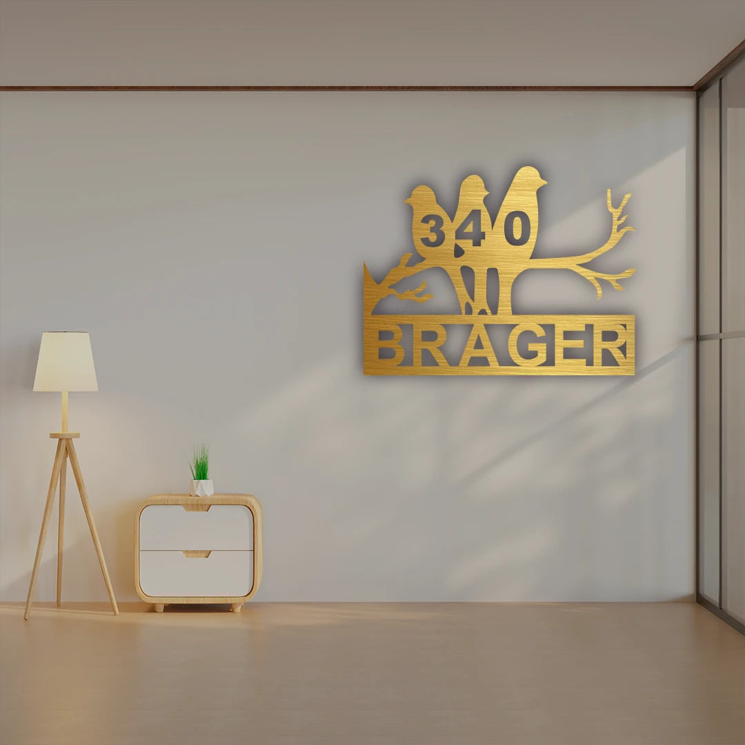 Bird Family House Number Name Custom Metal Monogram in Golden Finish