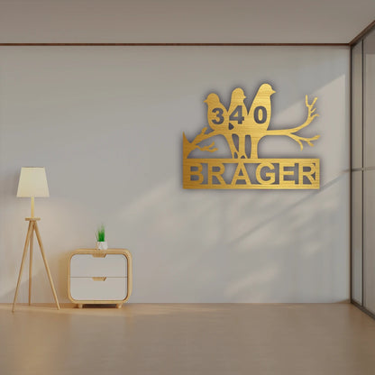 Bird Family House Number Name Custom Metal Monogram in Golden Finish