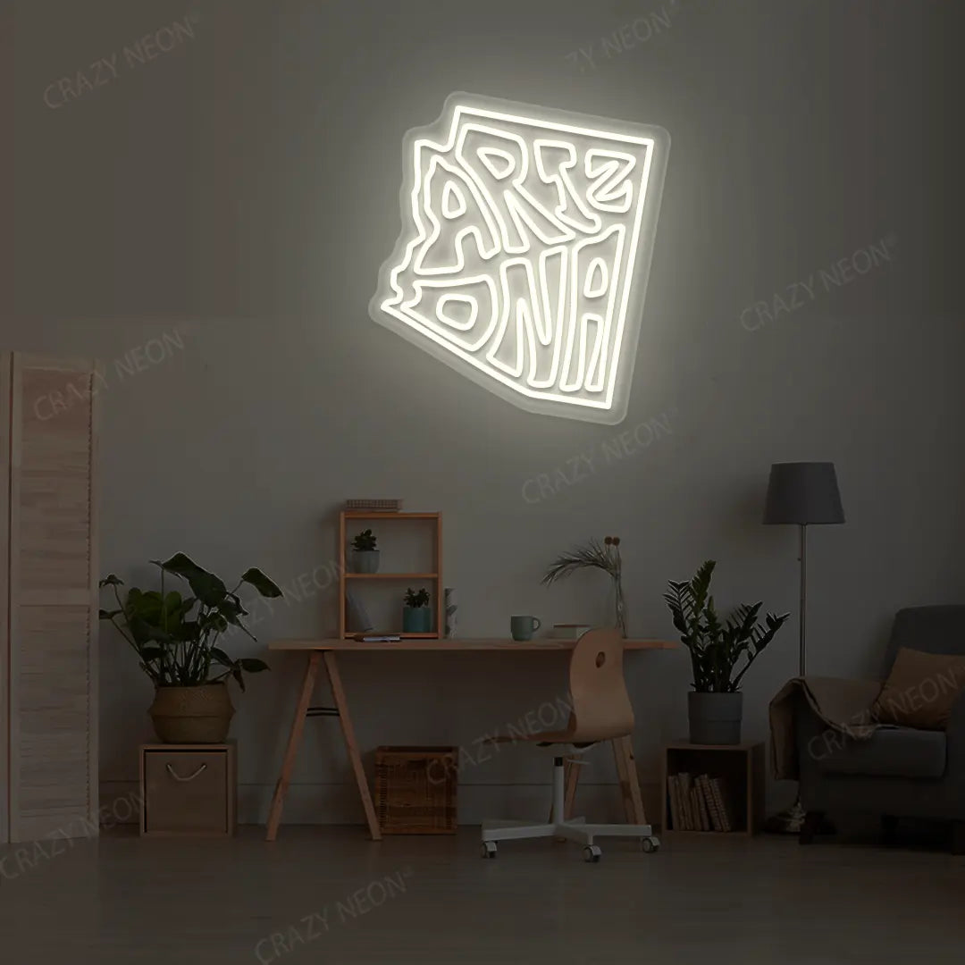 ARIZONA Map Neon Sign lighting up in warmwhite color in a room
