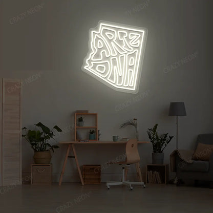 ARIZONA Map Neon Sign lighting up in warmwhite color in a room