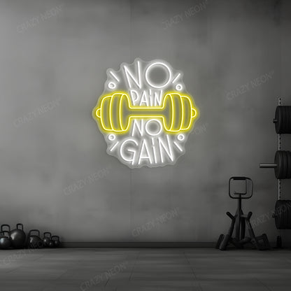 yellow and white barbell motivation neon sign mounted on a wall