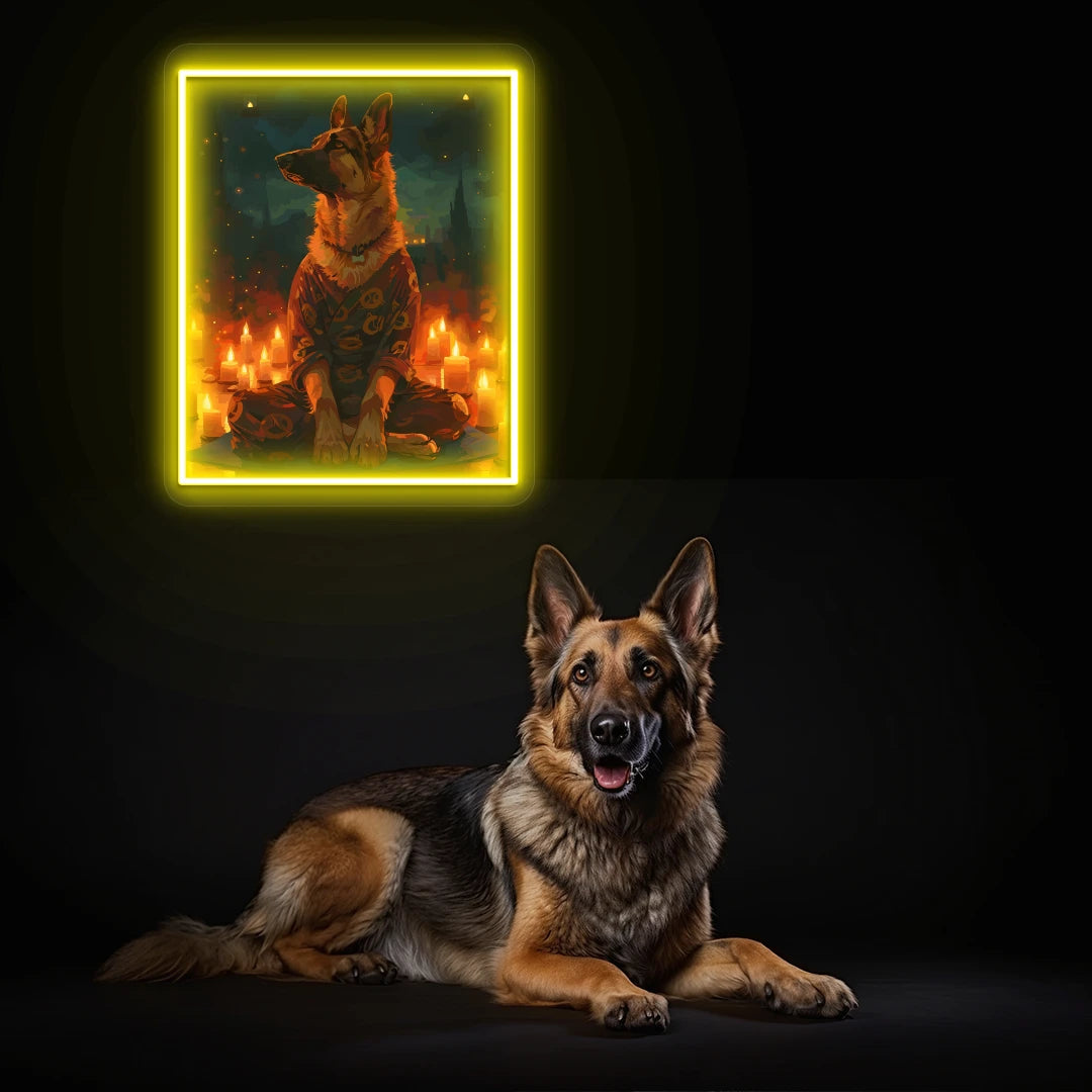 Candlelight Zen German Shepherd Neon Artwork in Yellow Color