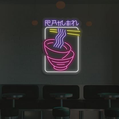purple white yellow and pink ramen duo neon sign mounted on a wall