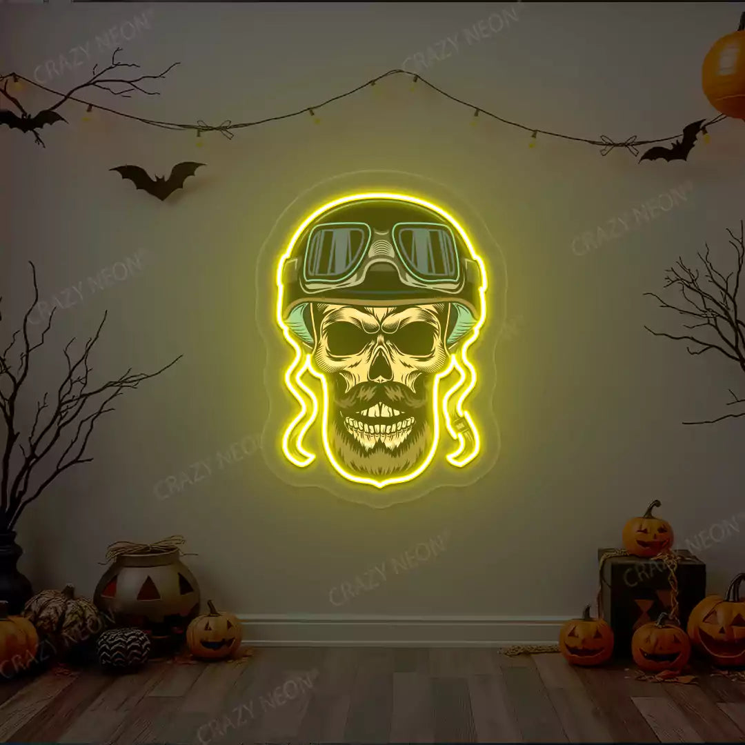 Aviator Skull Neon Artwork | Yellow