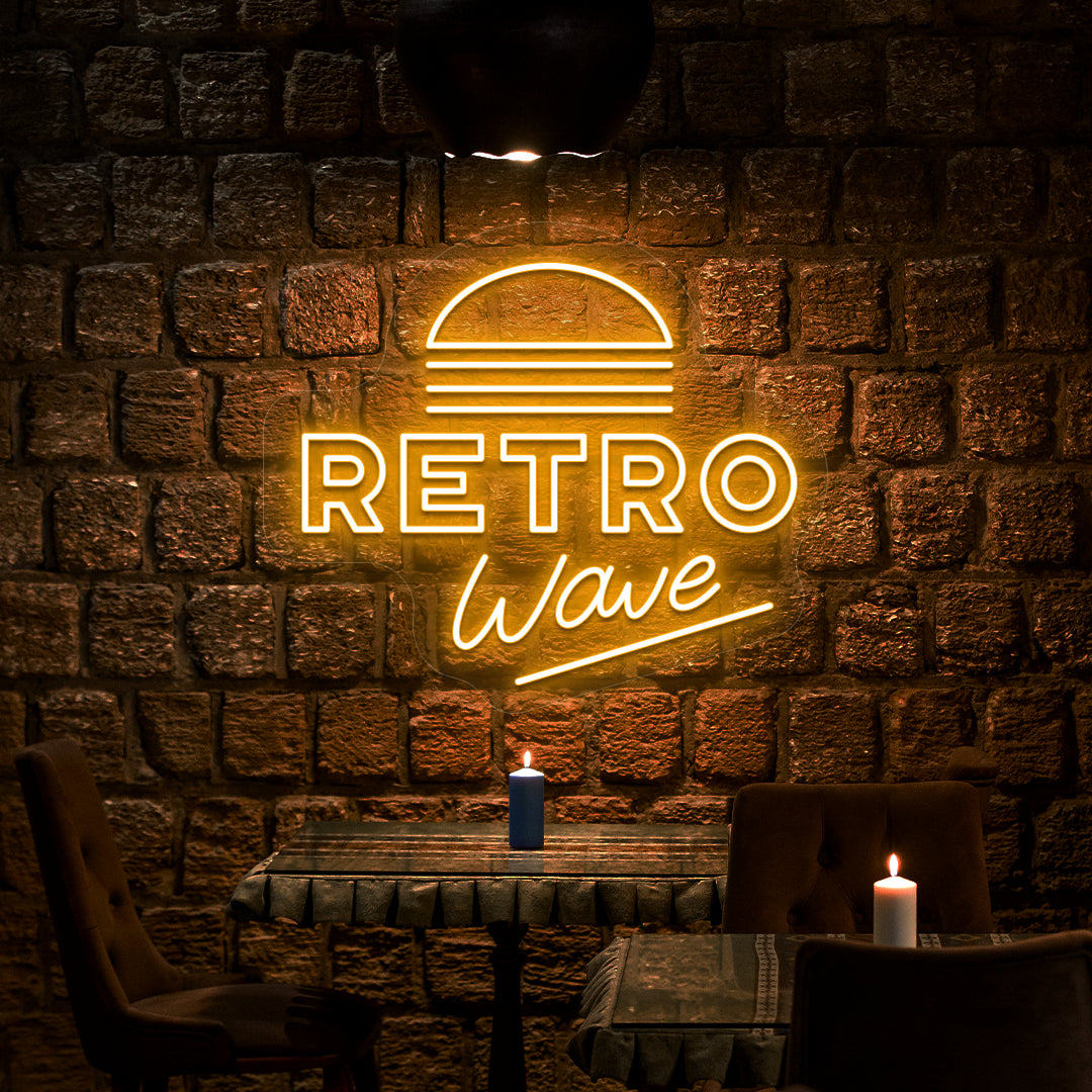 orange retro wave vintage neon sign mounted on a wall