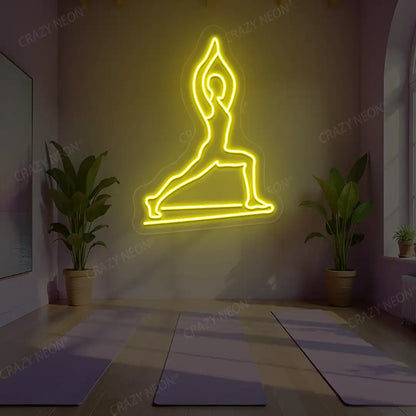 Virabhadrasana I Yoga Neon Sign lighting up in yellow color in a yoga room
