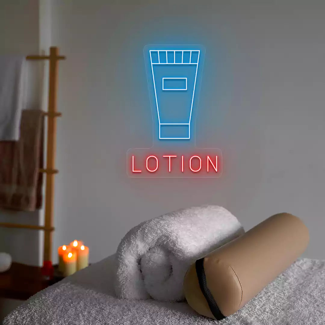 Lotion Tube neon sign in ice blue and red colors glowing in a spa room
