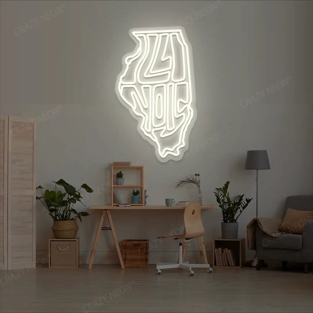 ILLINOIS Map Neon Sign lighting up in warmwhite color in a room