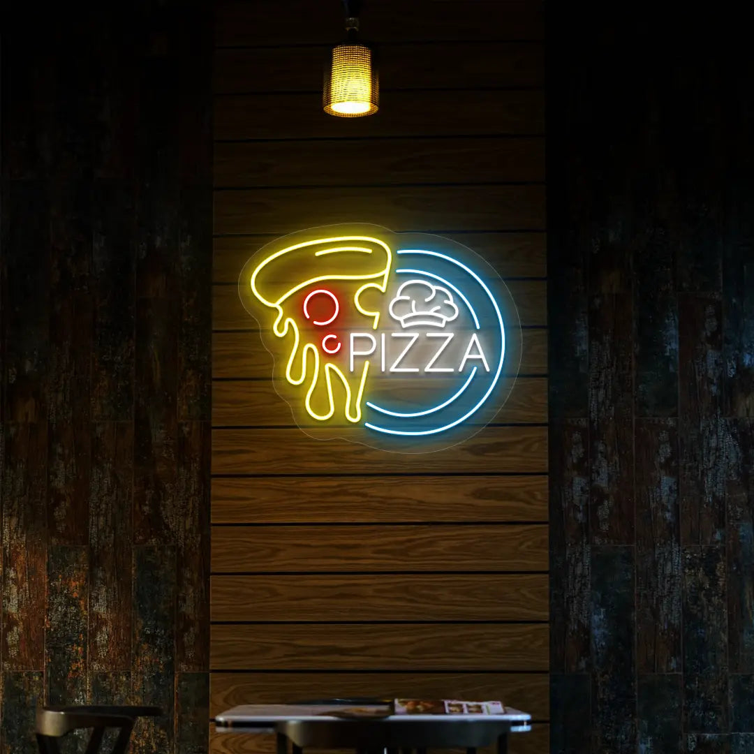 ice blue white yellow and red pizza slice neon sign mounted on a wall