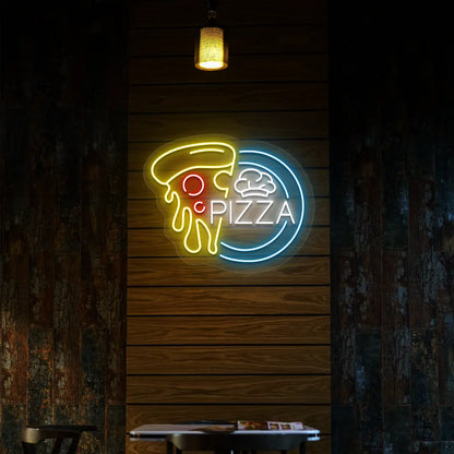 ice blue white yellow and red pizza slice neon sign mounted on a wall