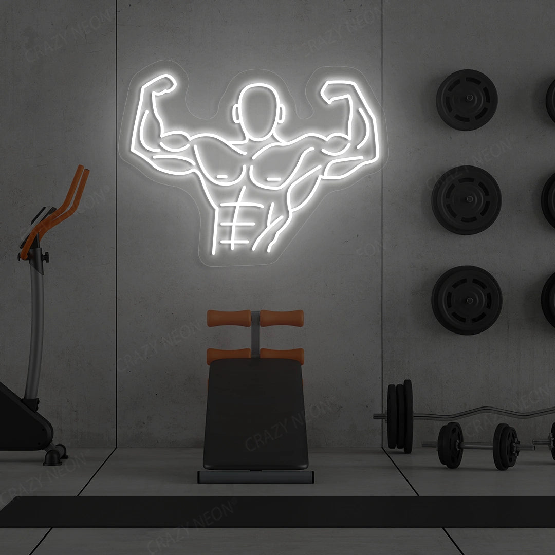 white flexing bodybuilder gym neon sign mounted on a wall