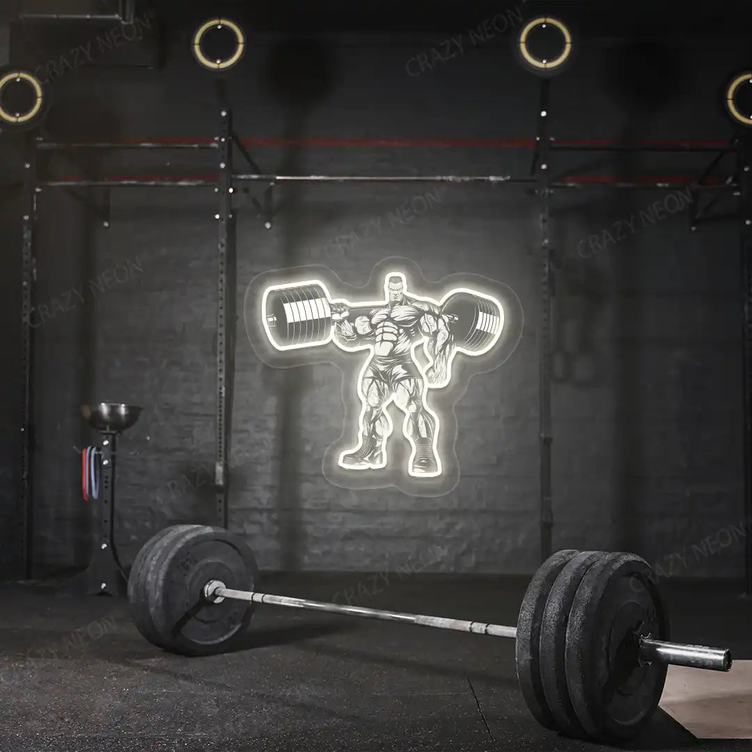 warm white bodybuilder power flex gym neon artwork mounted on a wall