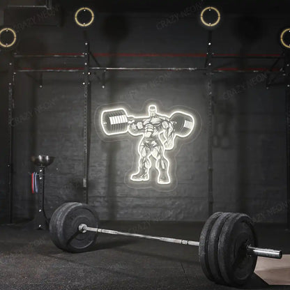 warm white bodybuilder power flex gym neon artwork mounted on a wall