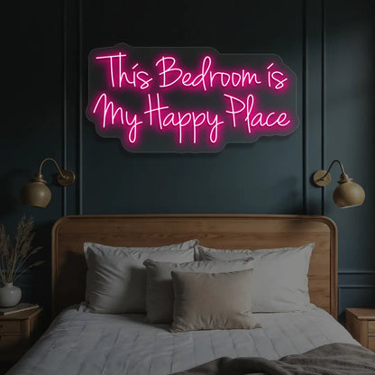 pink this bedroom is my happy place neon sign mounted on a wall