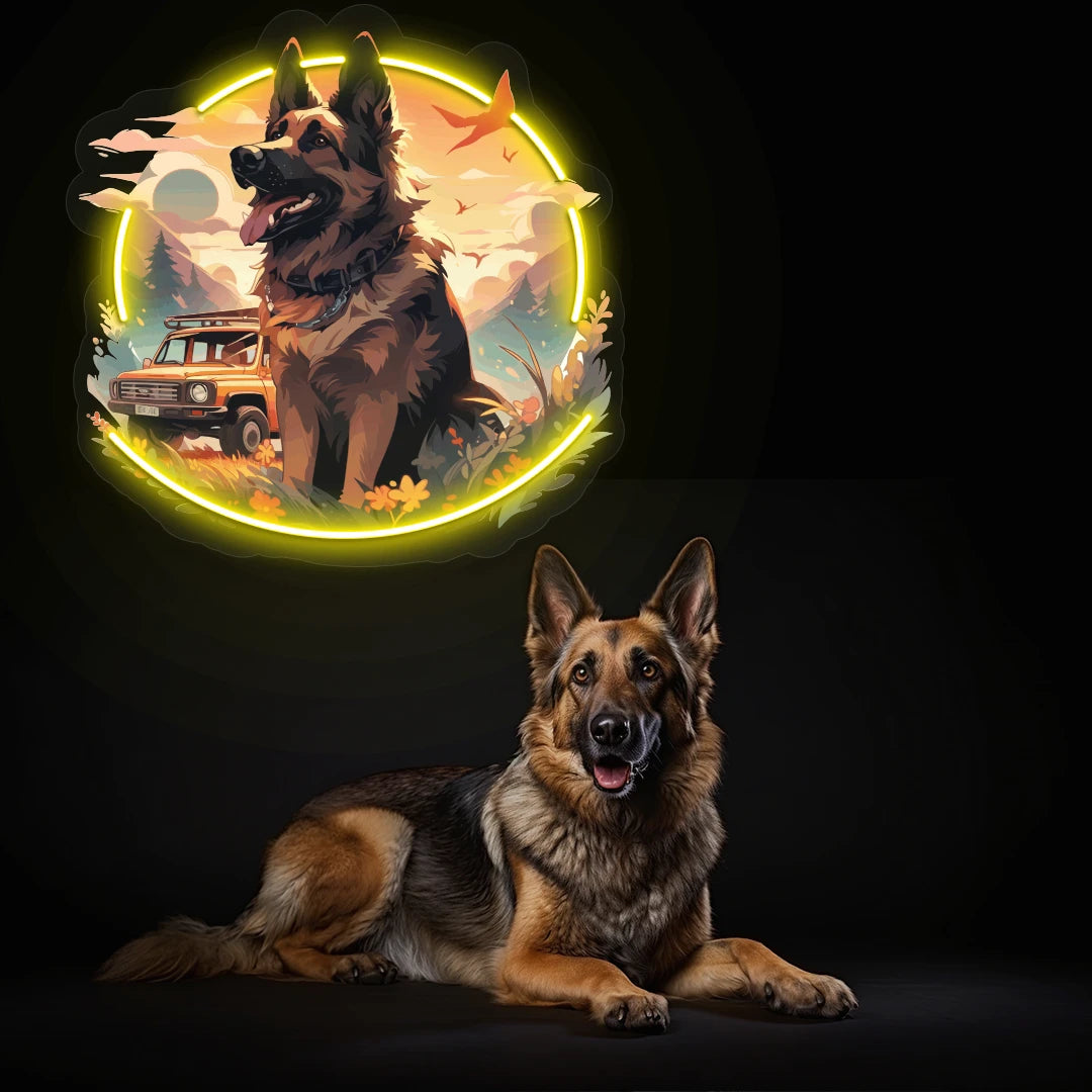 Adventure Trail German Shepherd Neon Artwork in Yellow color