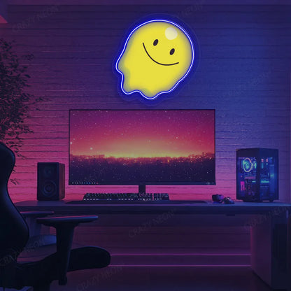 Melting Smiley Face Emoji Neon Artwork | Blue