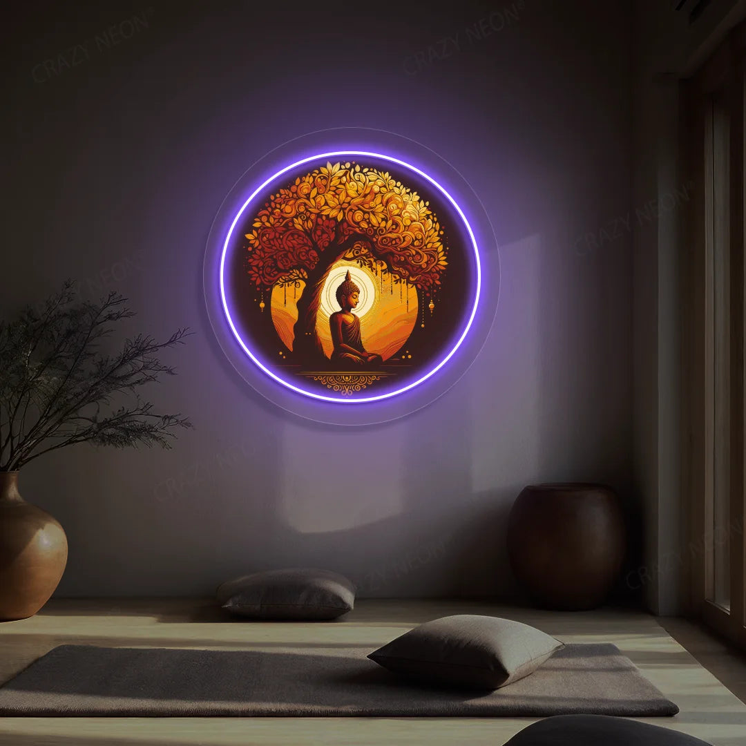 Golden Bodhi Buddha Neon Artwork lighting up in purple color in a yoga room