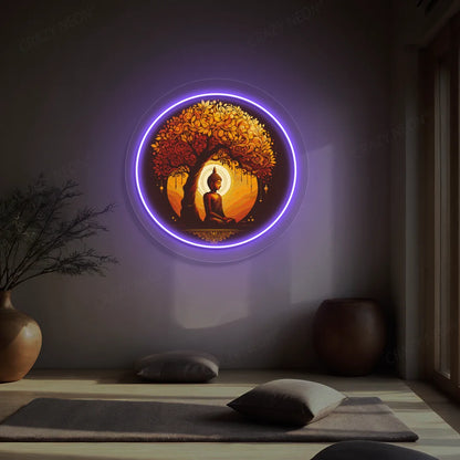 Golden Bodhi Buddha Neon Artwork lighting up in purple color in a yoga room
