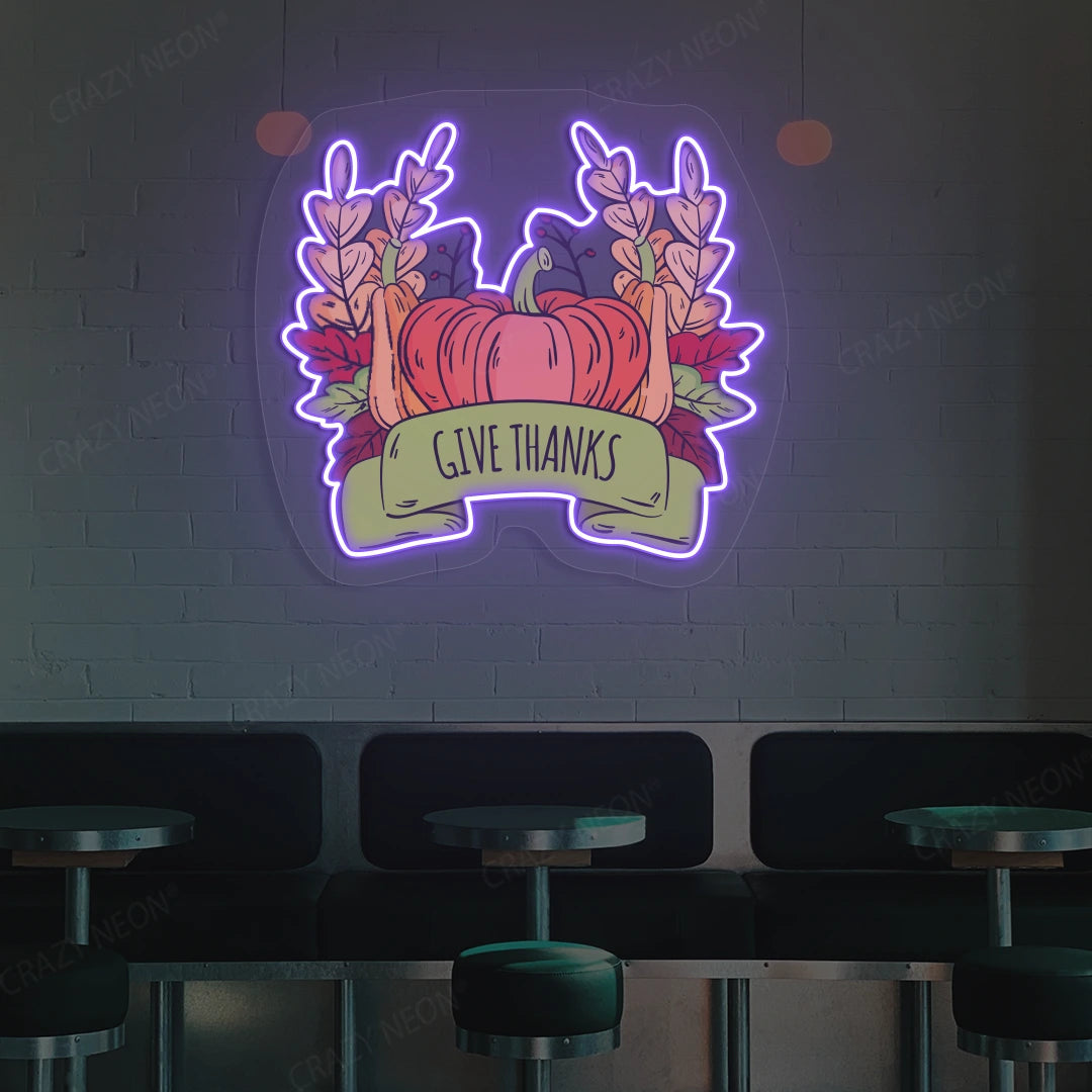 Pumpkin harvest give thanks neon sign in purple