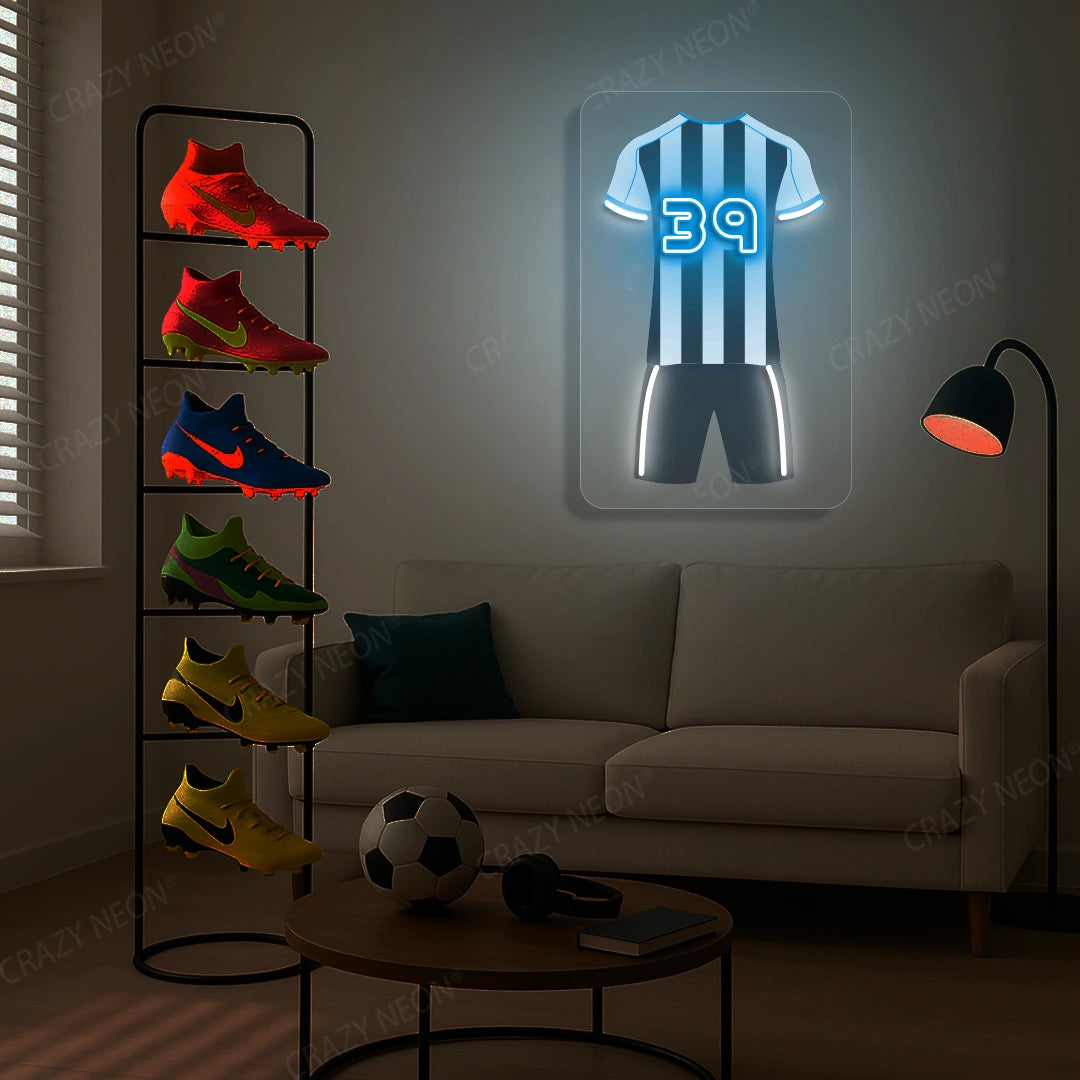 White and black striped football jersey neon artwork with number 39 glowing on a beige wall