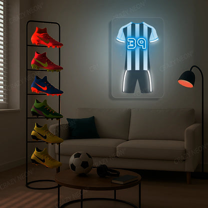 White and black striped football jersey neon artwork with number 39 glowing on a beige wall