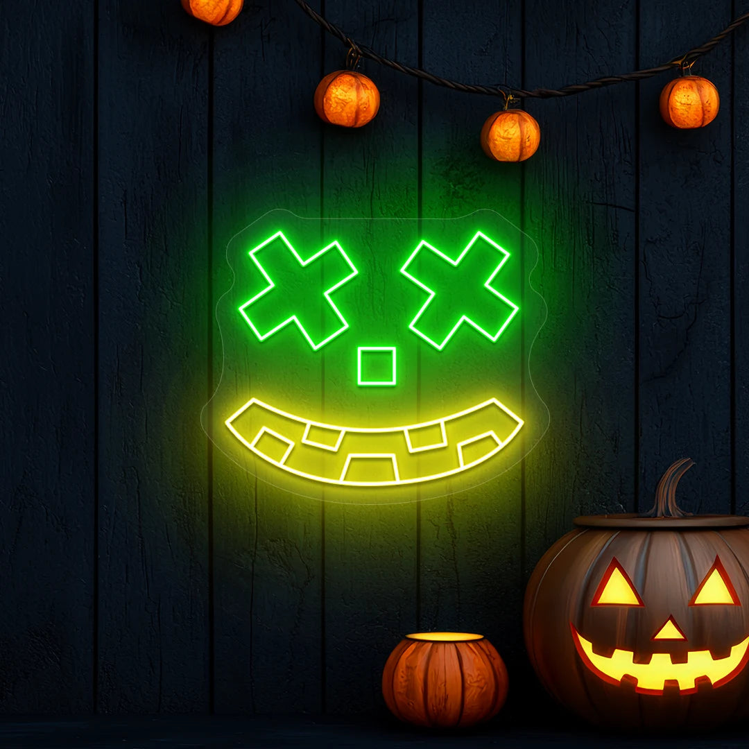 X-Eyes Pumpkin Face Neon Sign | Yellow