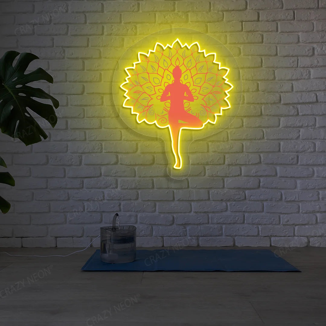 Mandala Yogi Harmony Tree Pose Yoga Neon Artwork lighting up in yellow color in a yoga room