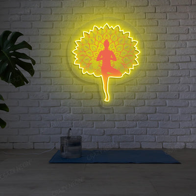 Mandala Yogi Harmony Tree Pose Yoga Neon Artwork lighting up in yellow color in a yoga room