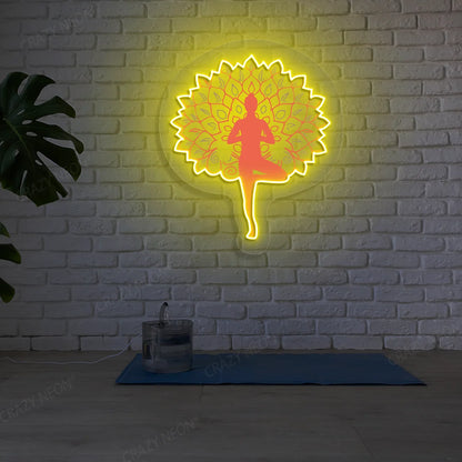Mandala Yogi Harmony Tree Pose Yoga Neon Artwork lighting up in yellow color in a yoga room