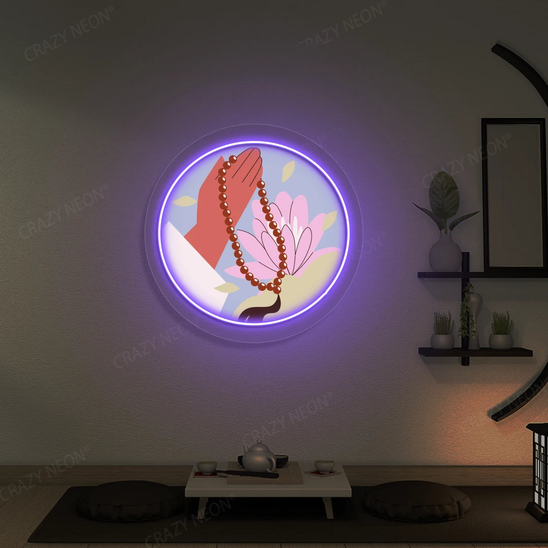 Lotus Japa Neon Artwork lighting up in purple color in a yoga room