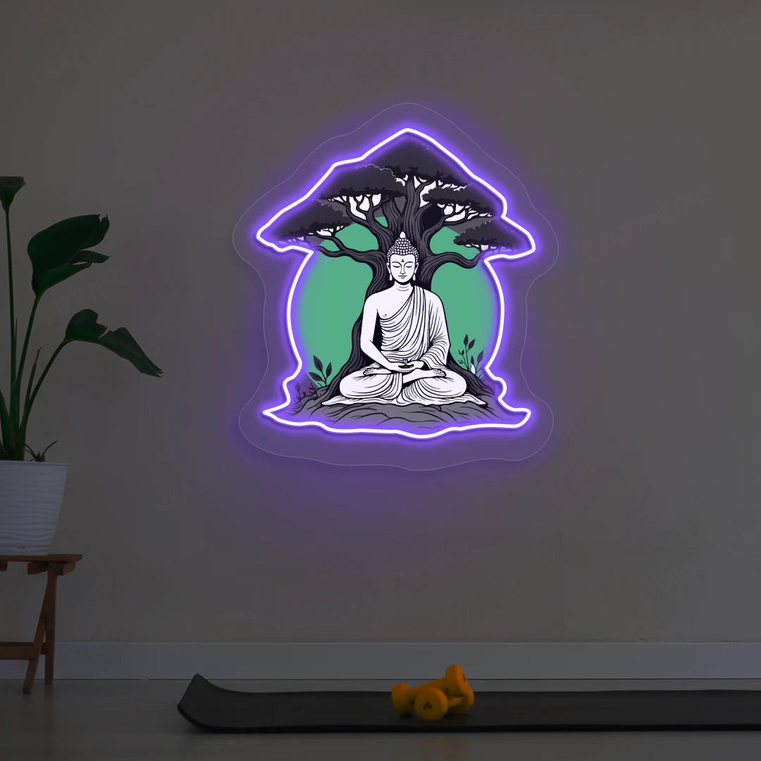 Buddha under Bodhi Neon Artwork lighting up in Purple color in room