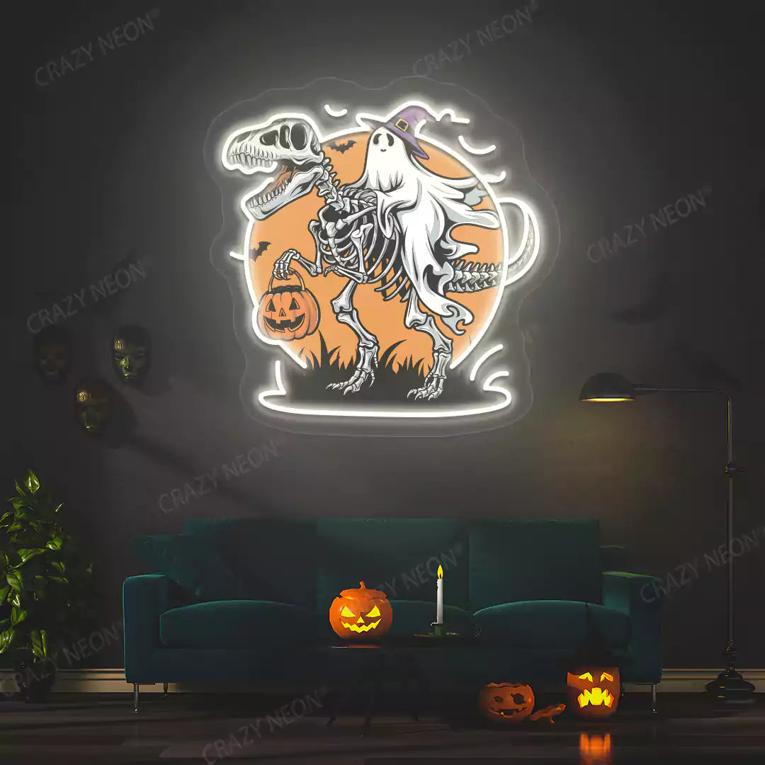 Spooky Dino Rider Neon Artwork | Warmwhite