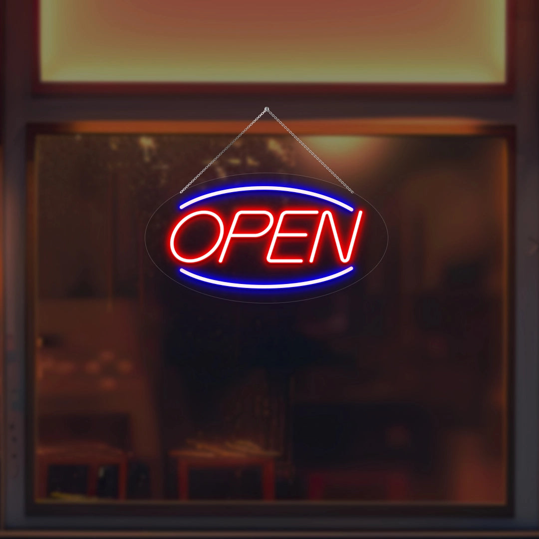 Oval Shaped Open Neon Sign (Blue-Red)