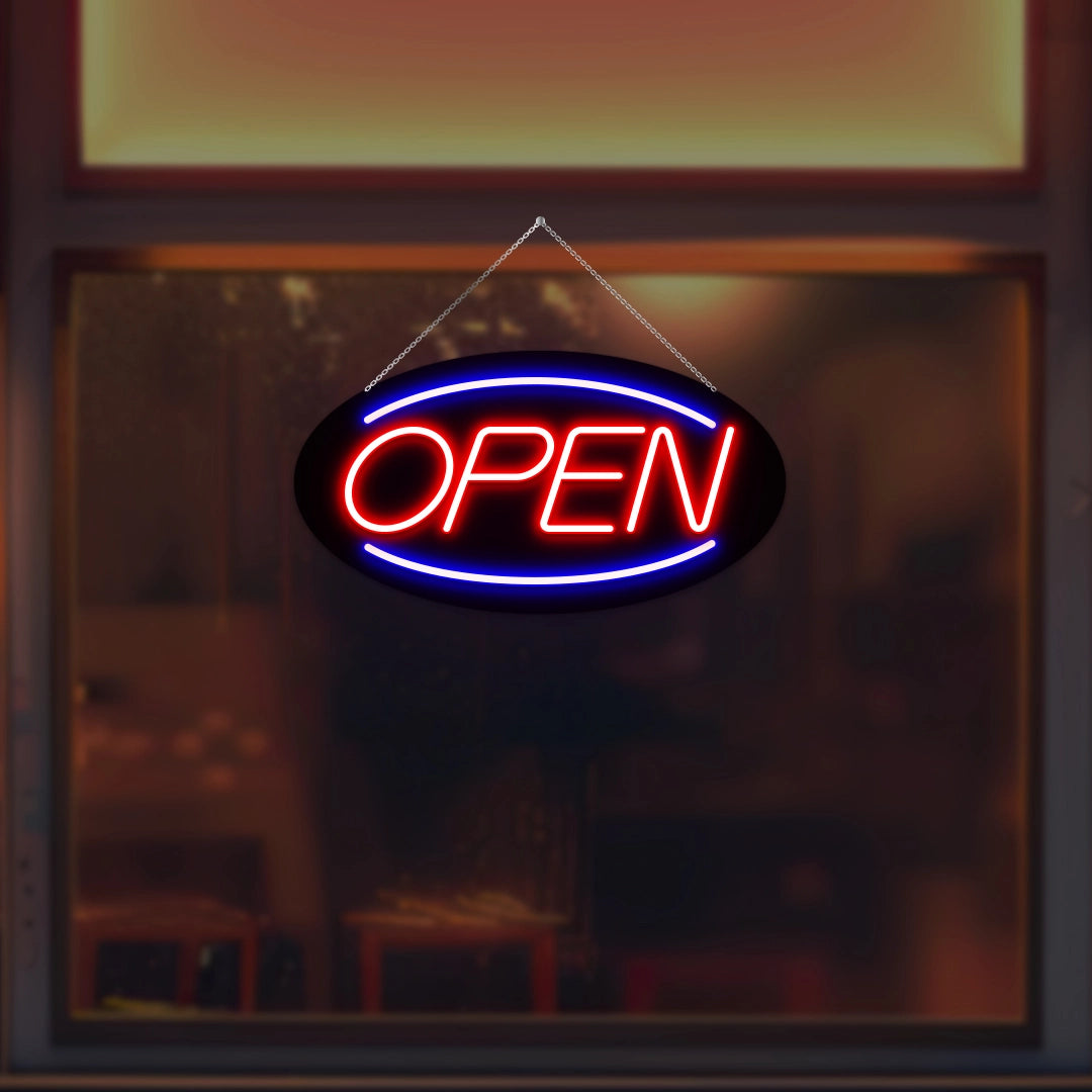 Oval Shaped Open Neon Sign (Blue-Red)