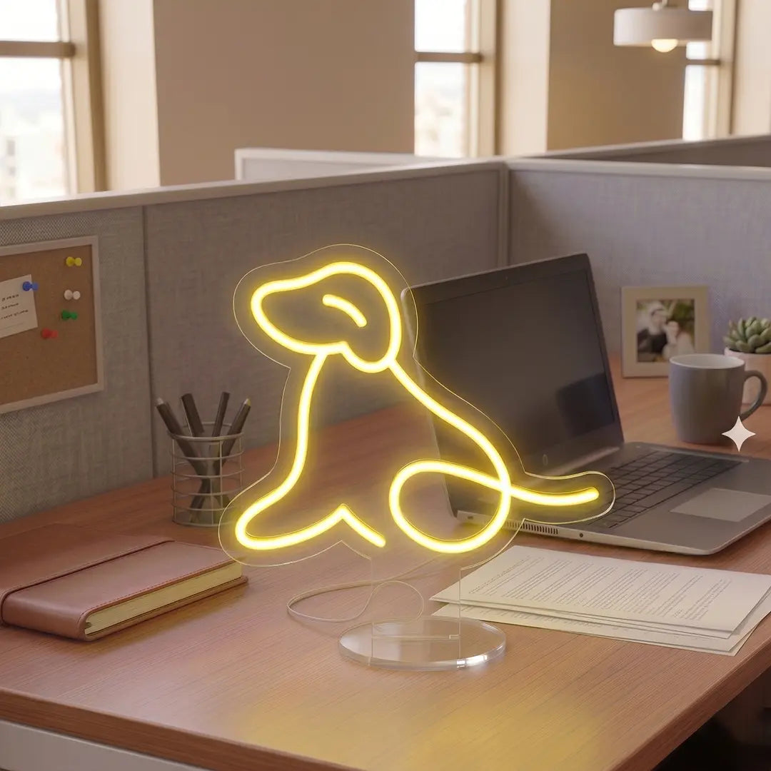Yellow Dog Neon lamp on a modern office desk beside a laptop, notebook, and coffee mug, creating a warm and creative workspace atmosphere.
