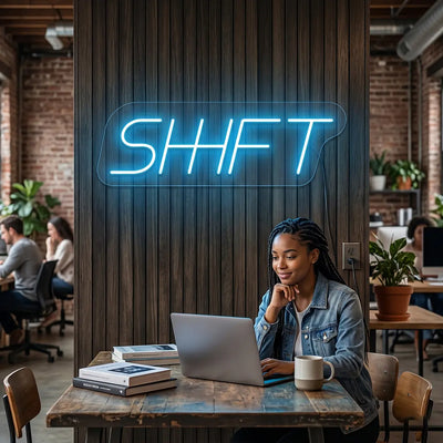 ice blue shift vintage neon sign mounted on a wall
