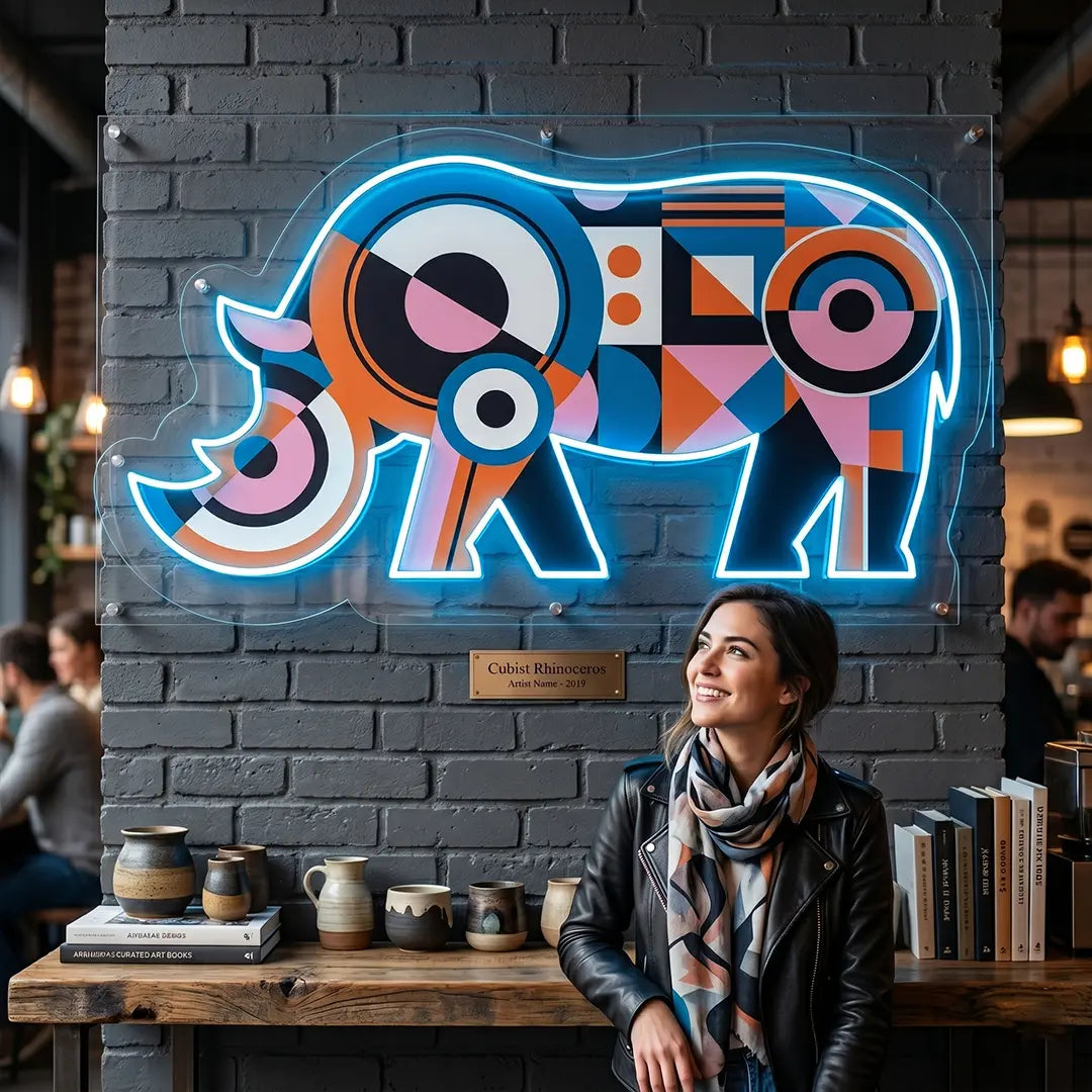 Geometric Rhino Abstract Neon Artwork In iceblue color